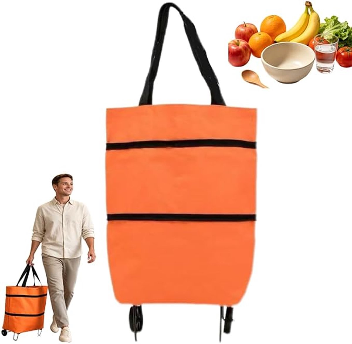 KZQ Boodschappentrolley - 2-in-1 opvouwbare winkelwagen met wielen, stevig en lichtgewicht - Voor supermarkt, boodschappen en reizen -Orange