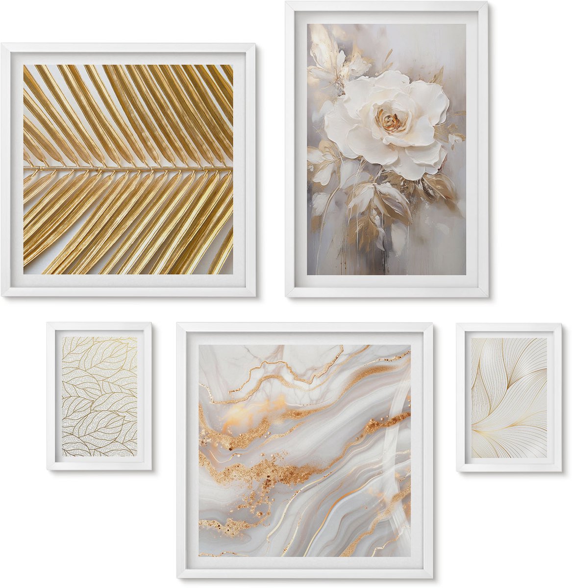 Wallfluent 5-Delige Schilderij Set - Stijlvolle Plantmotieven Met Delicate Bloemen En Bladeren. - 50 x 50 cm, 20 x 30 cm En 40 x 60 cm - Stijlvolle Muurdecoratie - Kantoor - Wanddecoratie