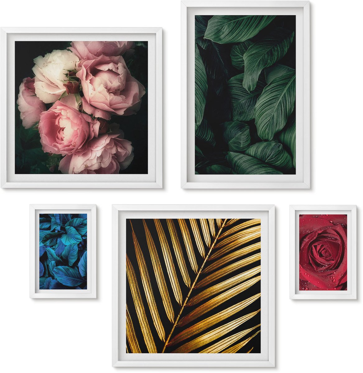 Wallfluent 5-Delige Schilderij Set - Plantmotieven Met Bloemen En Bladeren In Een Natuurlijke Stijl - 50 x 50 cm, 20 x 30 cm En 40 x 60 cm - Stijlvolle Wanddecoratie - Interieur - Muurdecoratie