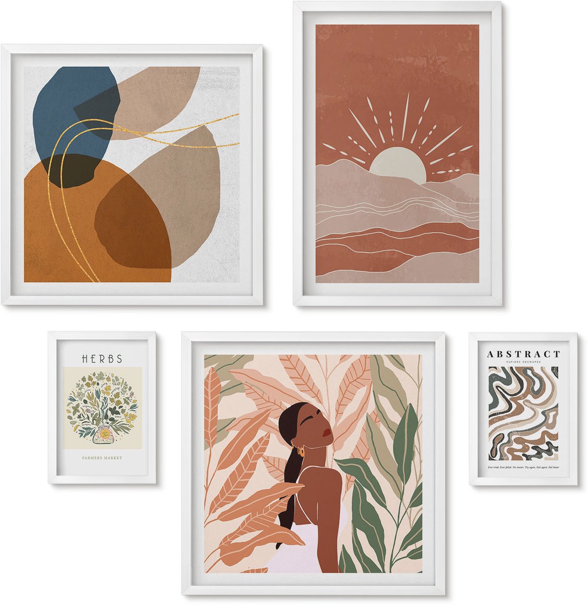 Wallfluent 5-Delige Schilderij Set - Boho-Stijl Met Plantmotieven En Abstracte Patronen. - 50 x 50 cm, 20 x 30 cm En 40 x 60 cm - Muurdecoratie - Wanddecoratie - Slaapkamer