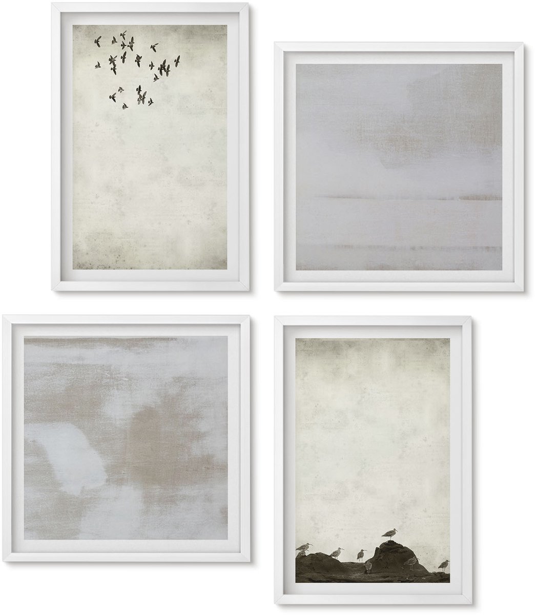 Wallfluent 4-Delige Schilderij Set - Vliegende Zwerm Vogels, Industriële Texturen - 40 x 40 En 40 x 60 - Schilderijen Set - Wanddecoratie - Woonkamer