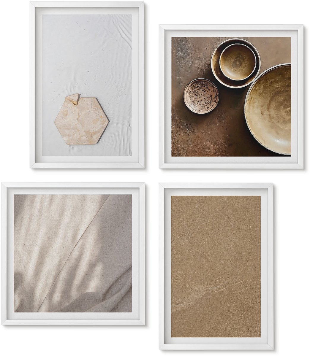 Wallfluent 4-Delige Schilderij Set - Minimalistische Texturen In Warme Kleuren - 40 x 40 En 40 x 60 - Moderne Wanddecoratie - Woonkamer - Stijlvolle Muurdecoratie