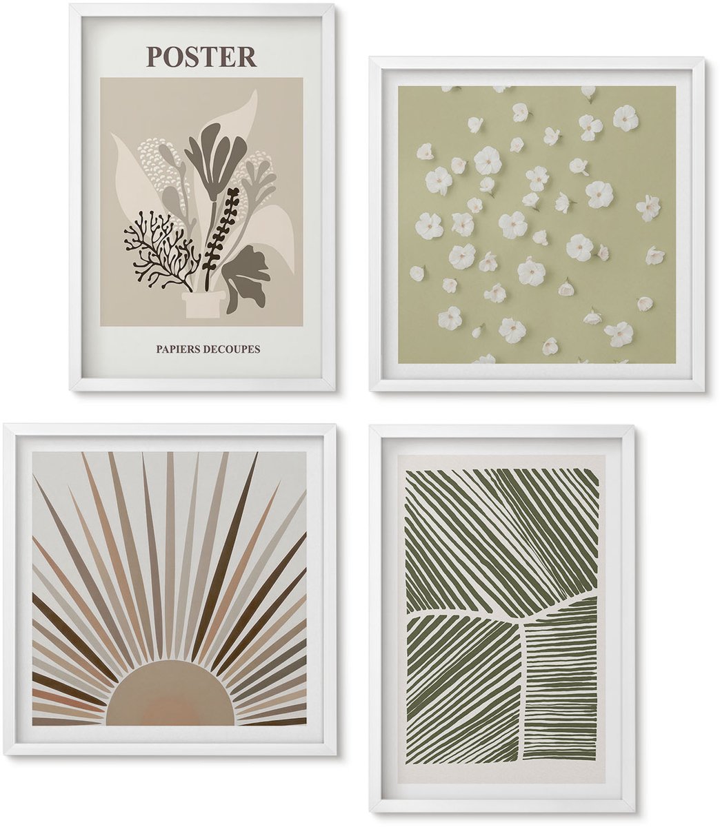 Wallfluent 4-Delige Schilderij Set - Plantmotieven In Ingetogen Kleuren En Patronen. - 40 x 40 En 40 x 60 - Stijlvolle Wanddecoratie - Interieur - Moderne Wanddecoratie