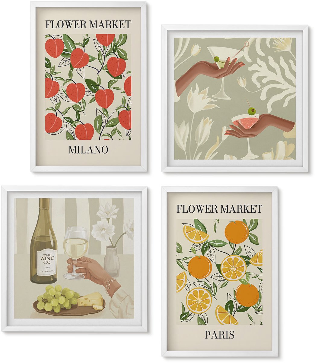 Wallfluent 4-Delige Schilderij Set - Bloemenposters En Wijn Milaan Parijs - 40 x 40 En 40 x 60 - Muurdecoratie - Wanddecoratie - Slaapkamer - Decoratieve Schilderijen