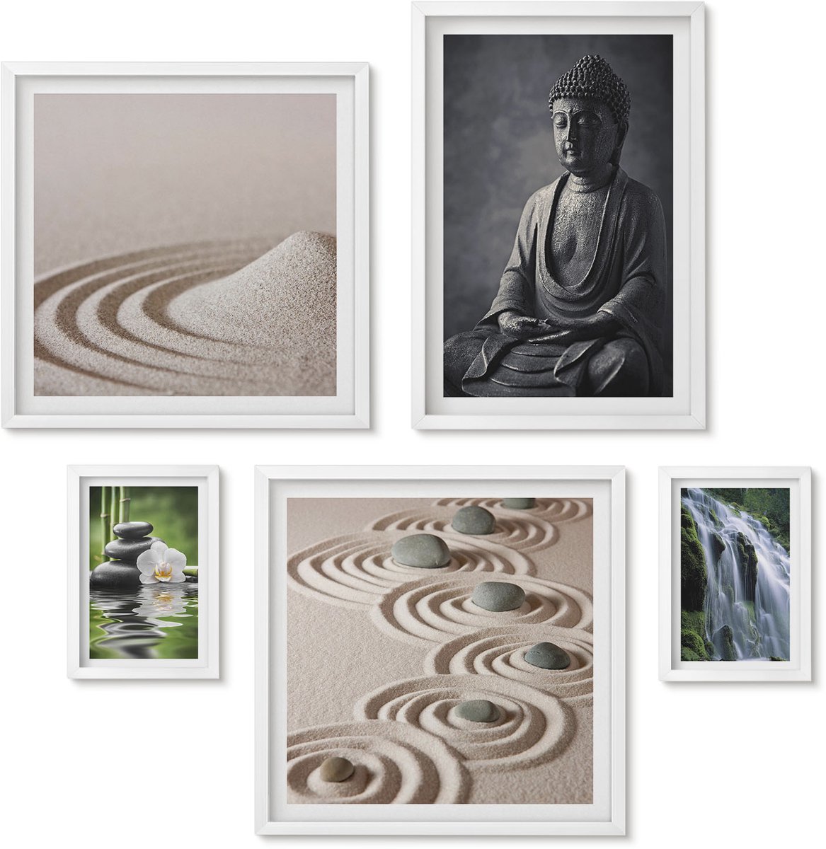 Wallfluent 5-Delige Schilderij Set - Rustgevende Zen-Thema'S Met Natuur En Boeddhistische Boodschappen - 50 x 50 cm, 20 x 30 cm En 40 x 60 cm - Decoratieve Muurdecoratie - Slaapkamer - Stijlvolle Muurdecoratie