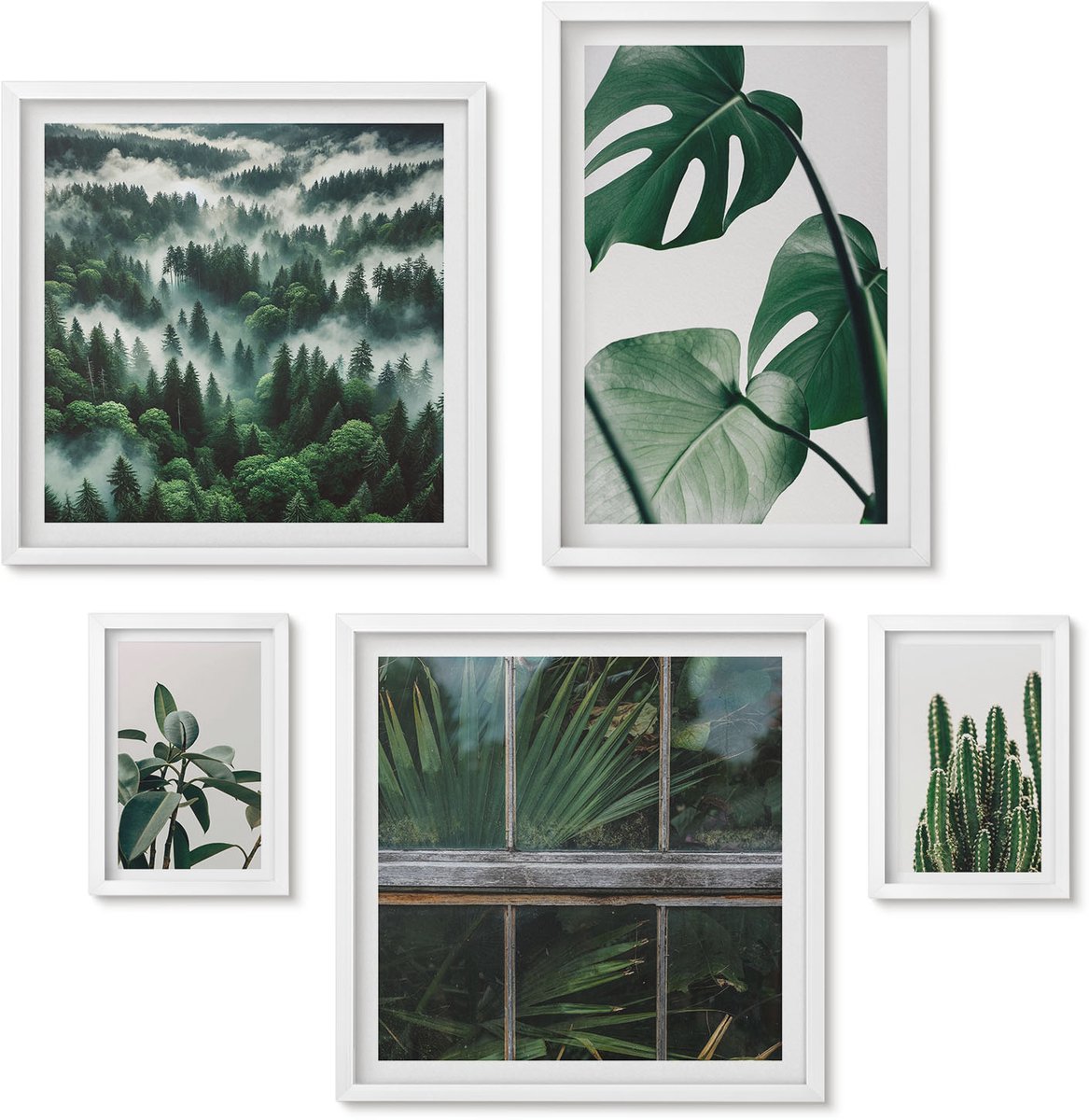 Wallfluent 5-Delige Schilderij Set - Planteninspiratie Met Tropische Bladeren En Cactussen - 50 x 50 cm, 20 x 30 cm En 40 x 60 cm - Wanddecoratie - Woonkamer Decoratie