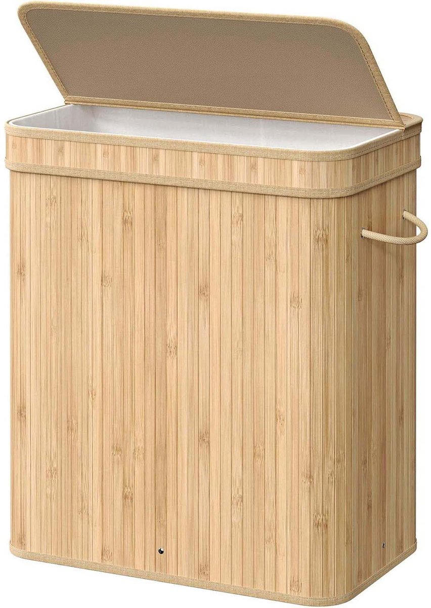 Wasmand Opbergmand 54,5x34,5x61 cm houtkleur 100L grote inhoud Met uitneembare en machinewasbare waszak handgrepen en deksel Opvouwbaar ontwerp Stevig en duurzaam Geschikt voor wasruimte slaapkamer en woonkamer