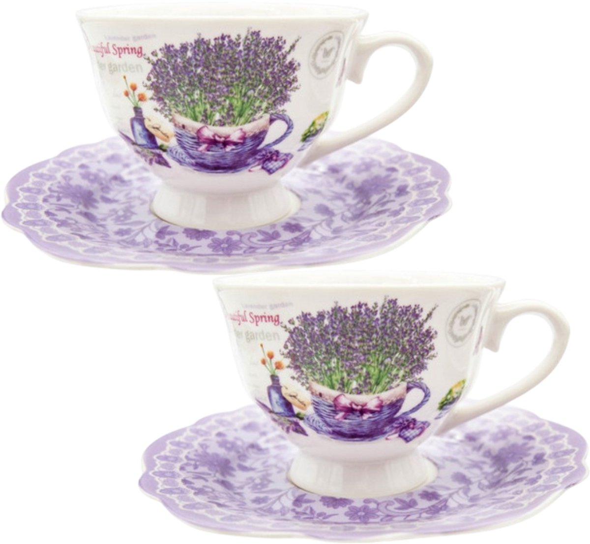 Set van 2 witte keramische kopjes met schotel, 220ml, lavendeldecoratie
