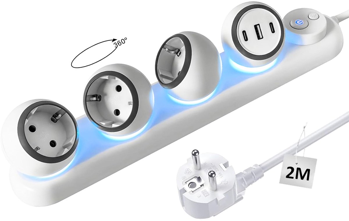 360° Draaibare Stekkerdoos met 3 Stopcontacten en 3 USB-poorten – 2× USB-C + 1× USB-A, LED-nachtlampje, Overspanningsbeveiliging, 2 m Kabel