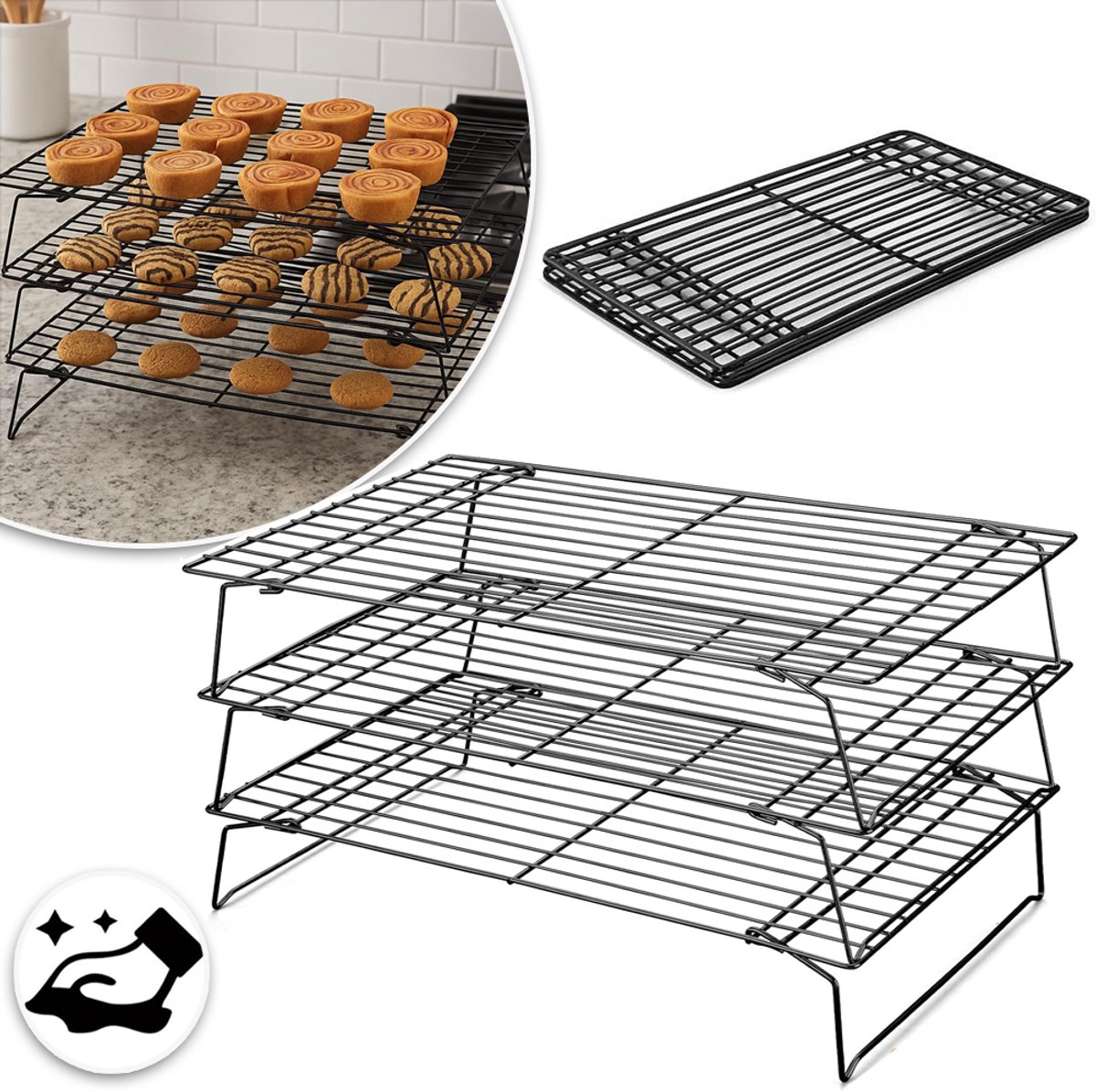 3 Rechthoekige Koelrekken - Antiaanbaklaag Stapelbaar 40x25cm 7cm Afstand - Multifunctioneel Voor Koekjes Cakes Koekjes Planten En Kunstwerken - Zwart