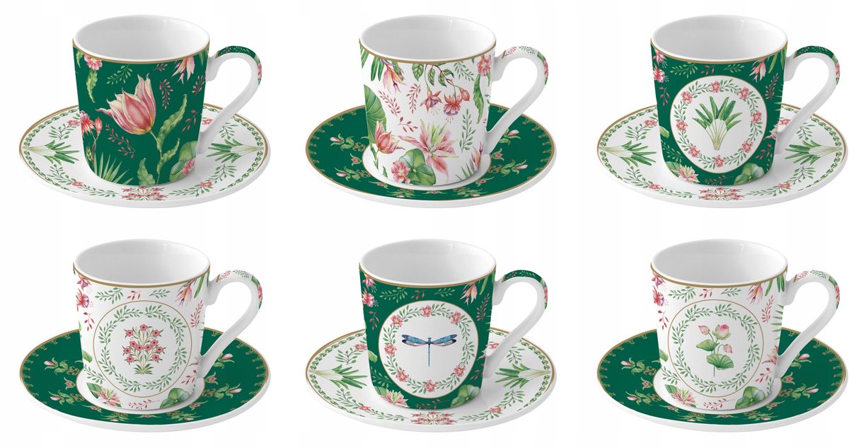 Porseleinen kopjes set voor 6 personen, bloemenmotief, 100ml