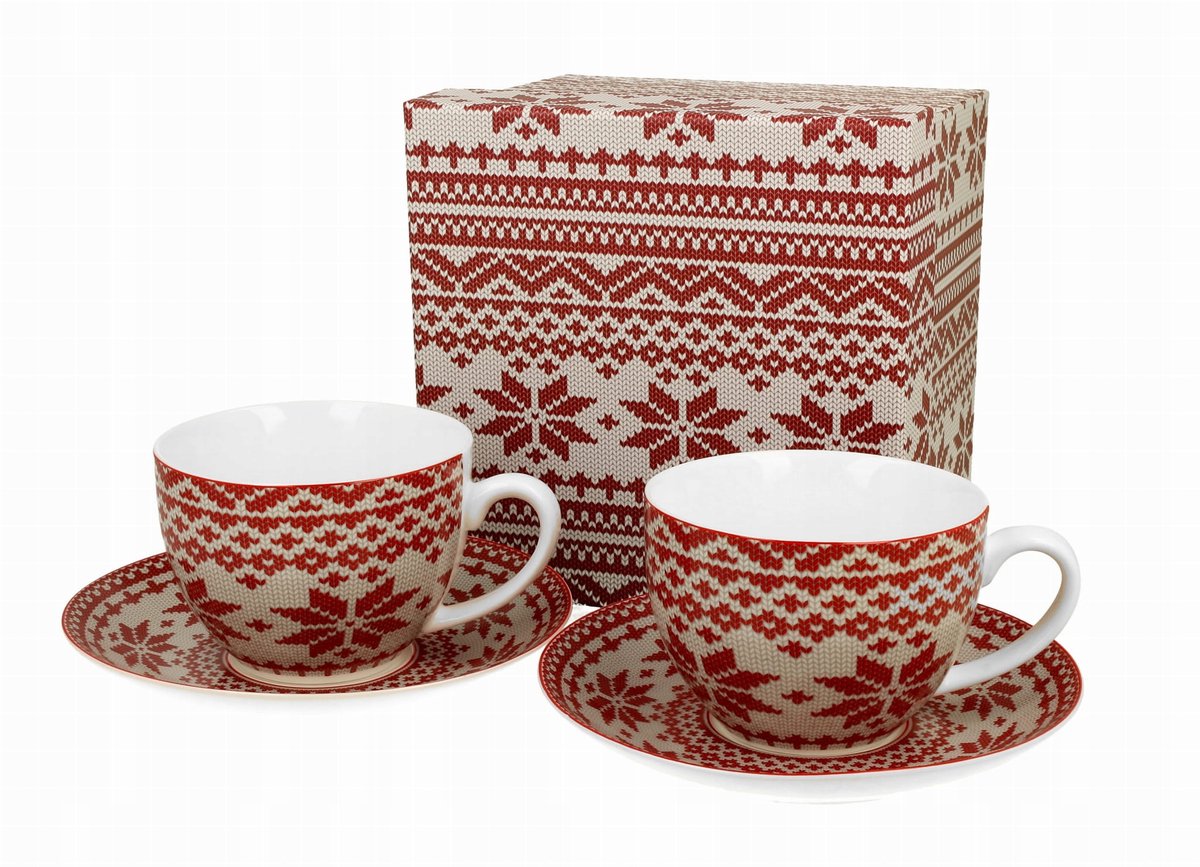 Kerst Mokken & Schotels Set - 280ml, Wit met Noors Patroon