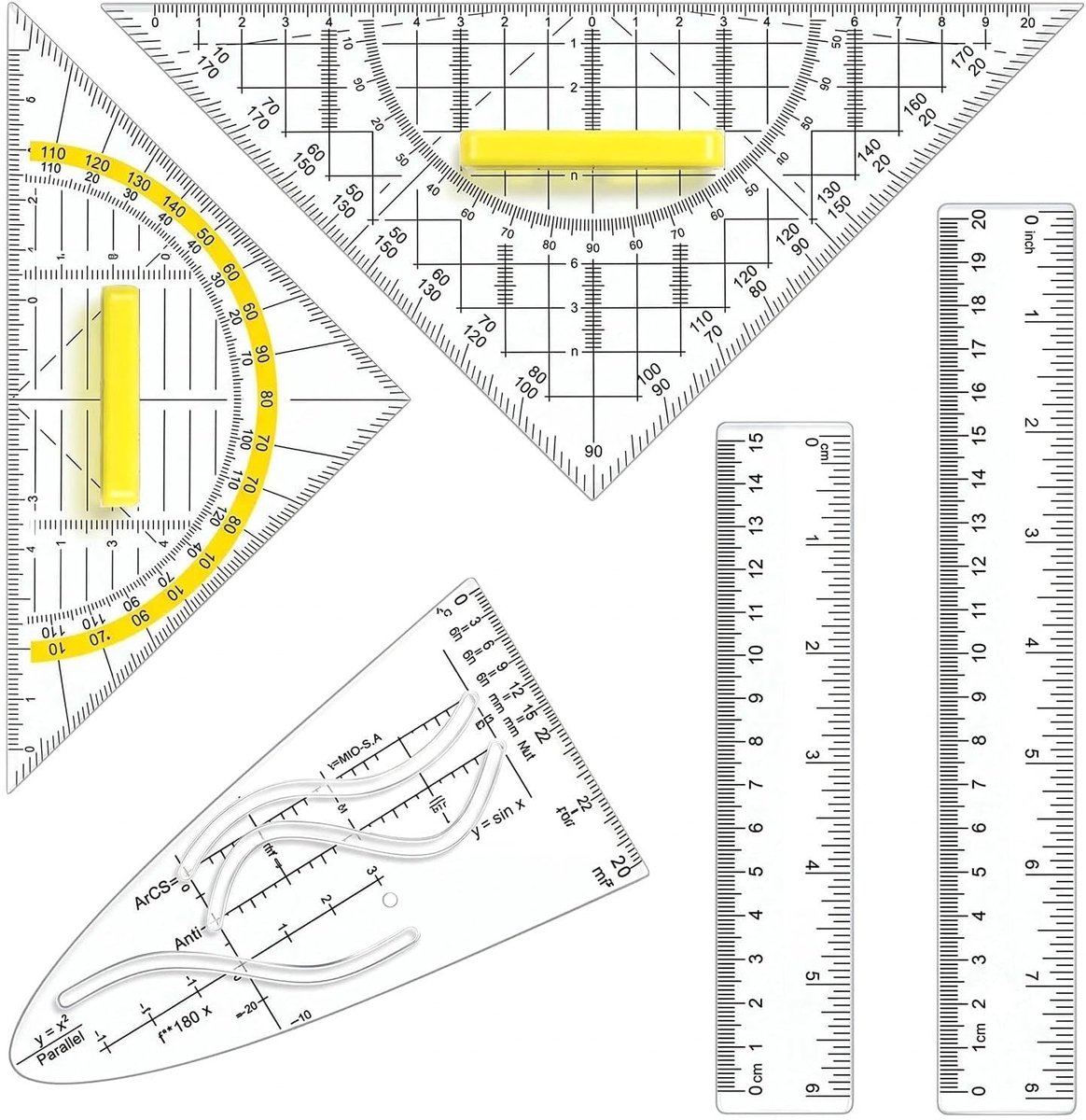 Parabelsjabloon, geodriehoek met handgreep, liniaal, set voor technisch tekenen, architectuur, school, wiskunde - ShopVlot
