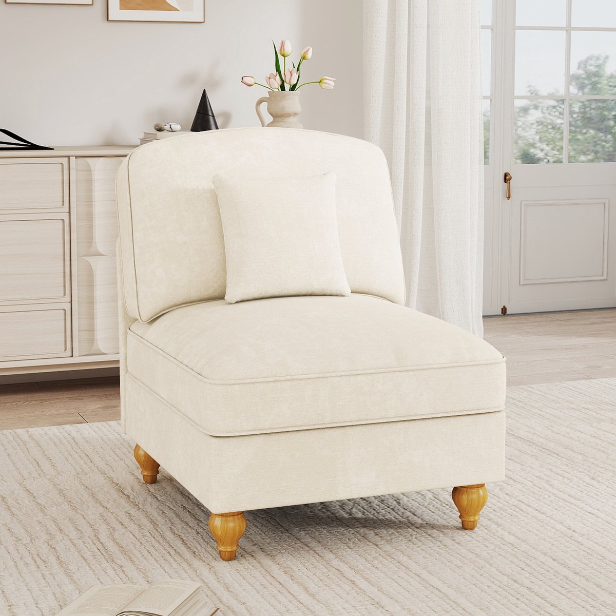 Zitbank - Windsor Sofa Zonder Armleuningen - 1-Zits - Met Los Kussen En Afneembare Rok - Voor Woonkamer En Kleine Ruimtes - Chenille Wit