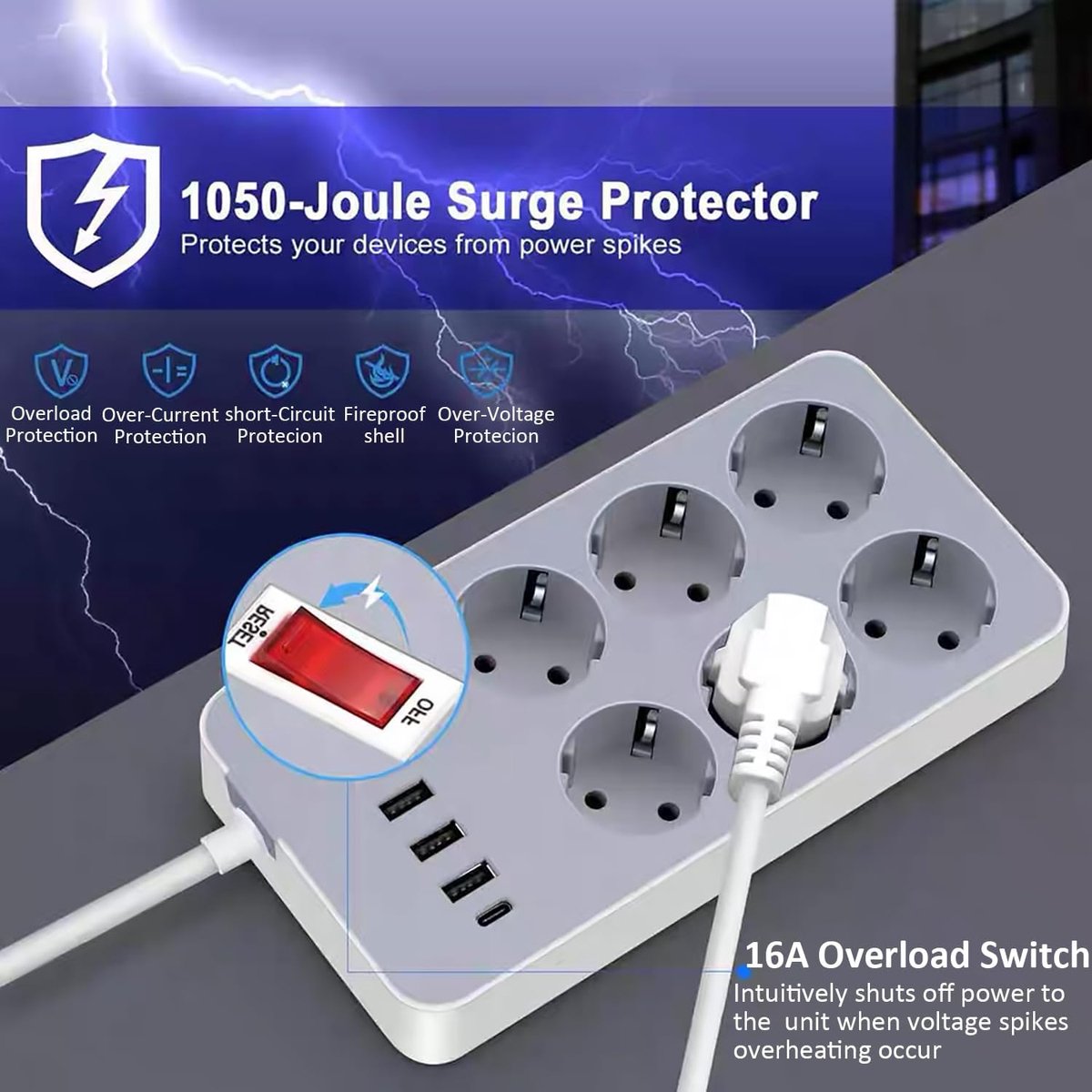 LELYFIT Surge protection, multi-socket, 6 socket socket with switch, 3 USB + 1 type C, with overload protection, 2 m - ShopVlot