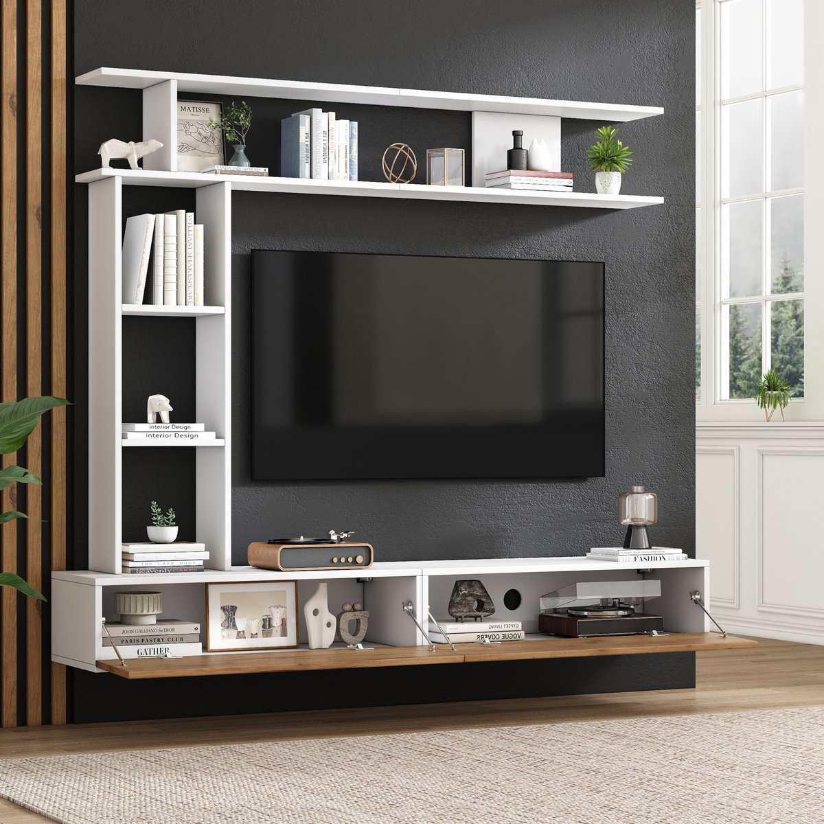 Tv Meubel Set - Wandkast Met Open Vakken En Kleppen - Hangend En Staand Voor Woonkamer - Wit En Houtkleur - 180 X 35 X 22 5 Cm