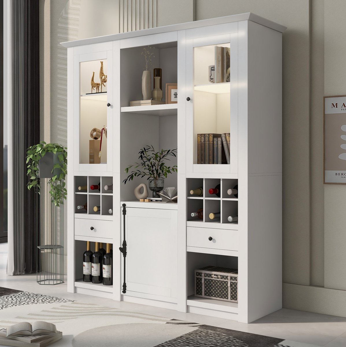 HAUSS SPOLE Vitrinekast Wit MDF Met LED Verlichting En Acryl Deuren Voor Woonkamer En Opbergruimte 143 X 45 5 X 170 Cm