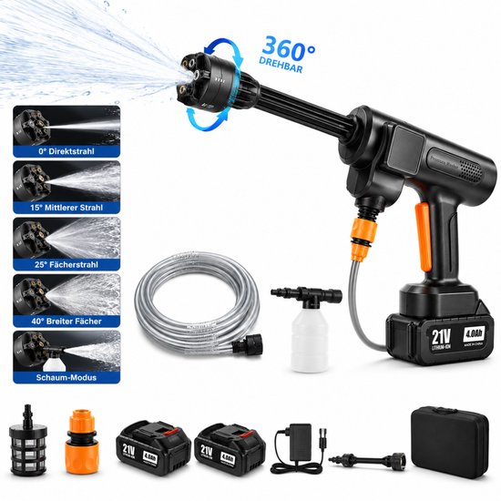 Draadloze Hogedrukreiniger 75 Bar - Accu Hogedrukreiniger 500 W, 260 L/u, 6-in-1 Sproeikop, 180° Draaibaar, 2 Standen, Schuimsproeier & Filter - Voor Auto & Tuin — afbeelding 2