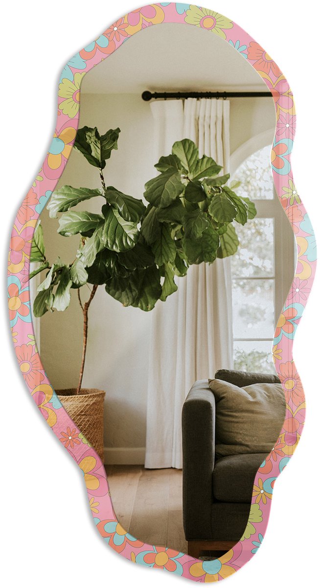 TULUP Bloemmotieven Spiegel - Roze Stijlvolle Wandspiegel - Organische Spiegel - Slaapkamer, Woonkamer, Kantoor - Illustratief - 45x90 cm - Totale afmeting 52x97 cm Bloemenpatronen, Roze