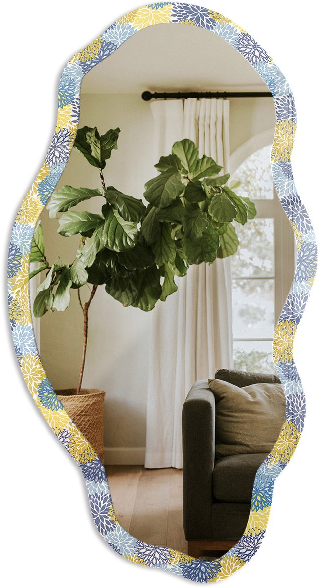 TULUP Plantenpatroon Spiegel - Geel Rechthoekige Spiegel Voor Interieur - Organische Spiegel - Woonkamer - Abstract - 45x90 cm - Totale afmeting 52x97 cm Plantenpatroon, Geel