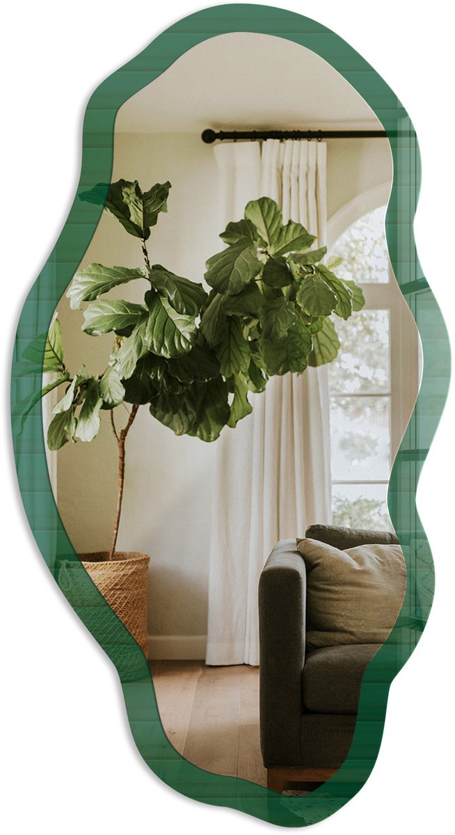 TULUP Groene Strepen Spiegel - Groen Stijlvolle Wandspiegel - Organische Spiegel - Woonkamer, Kantoor, Slaapkamer - Rustiek - 45x90 cm - Totale afmeting 52x97 cm