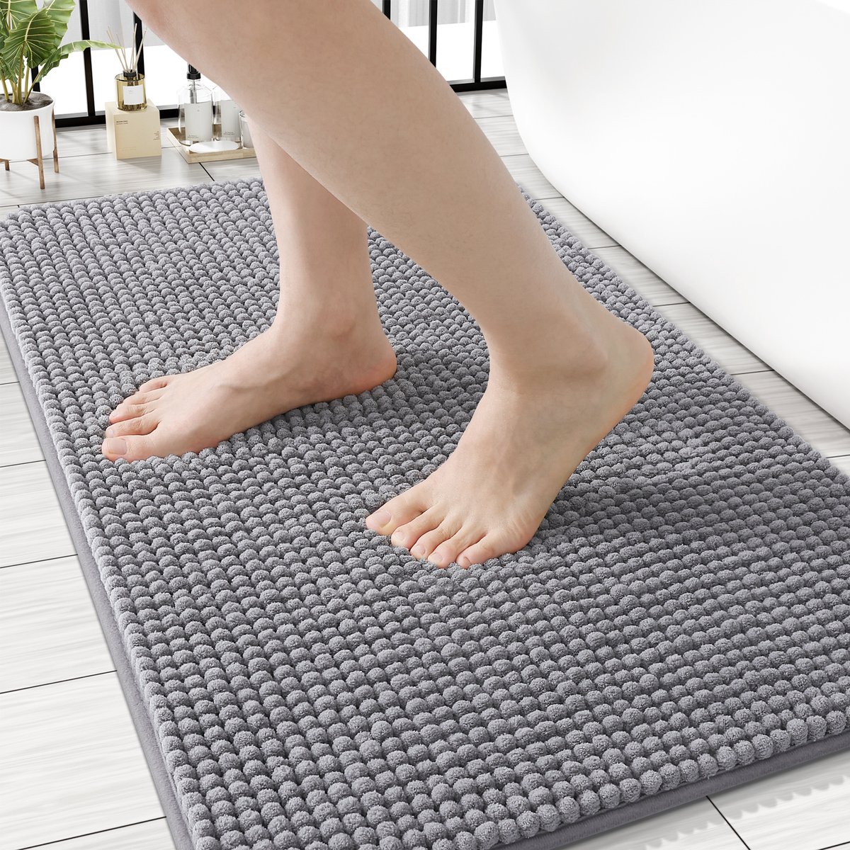 Olanly Badmat Antislip – Laag profiel Douchemat – Badmat Badkamer – Chenille Vloermat – Middelgrijs – 61X91cm