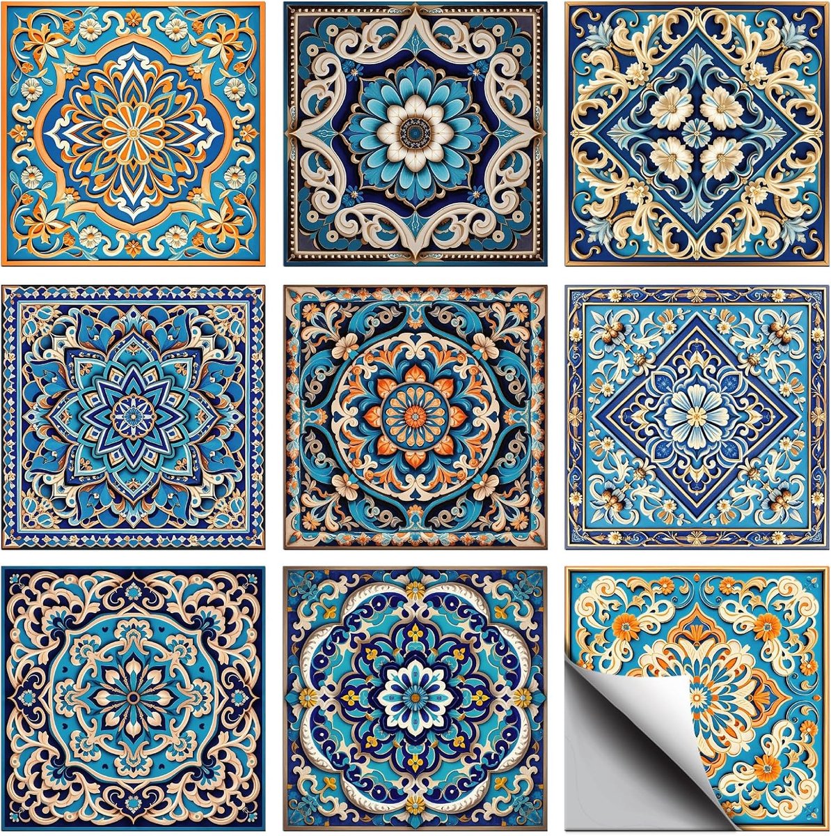 Muurstickers met 9 stijlen, blauwe reliëfpatroon, pel-en-plak muurtegelsticker, mandala-patroon, waterdicht - ShopVlot