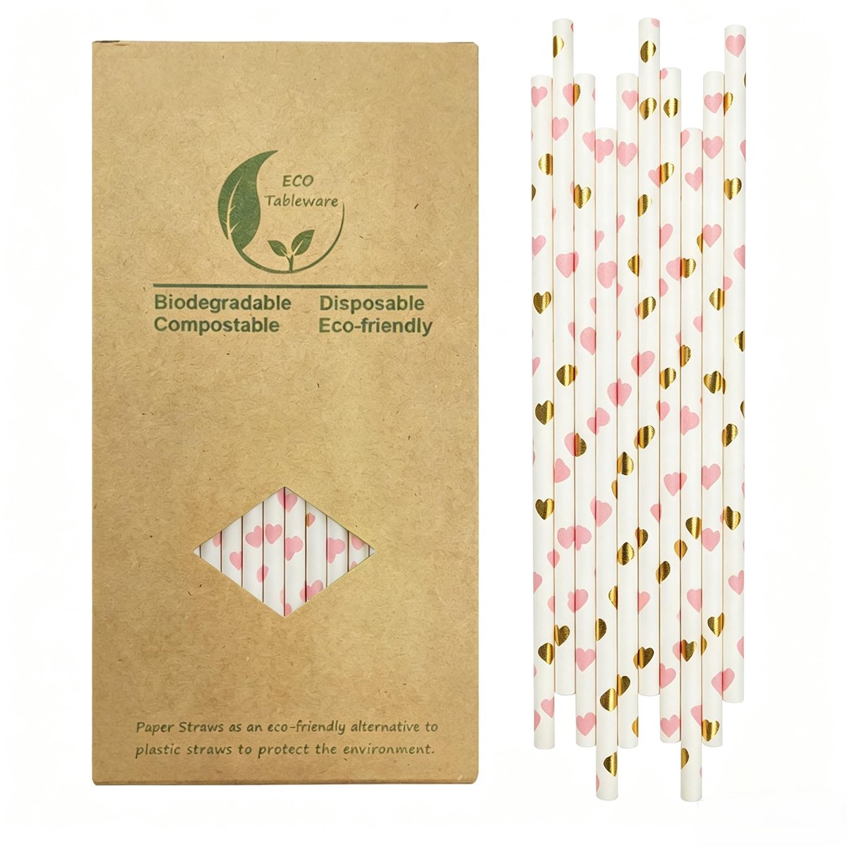 Gold Metallic en roze hartjes papieren rietjes, [100 stuks] Goldedn Party wegwerprietjes voor Valentijnsdag, bruiloft - ShopVlot