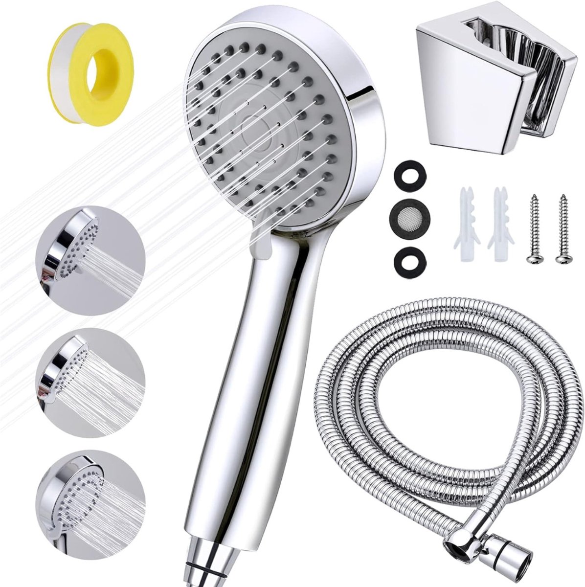 QUOVO® Douchekop met Slang En Wandhouder – Complete Doucheset - Waterbesparende douchekop - 3 Sproeistanden - Handdouche - Regendouche - Inclusief Douchekophouder - Verchroomd