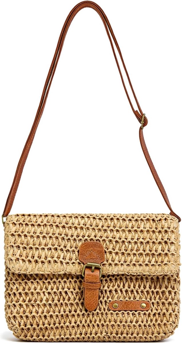 Stro-schoudertas voor dames, lichte crossbody tas met verstelbare leren riem, vintage tas met gesp voor zomer - ShopVlot
