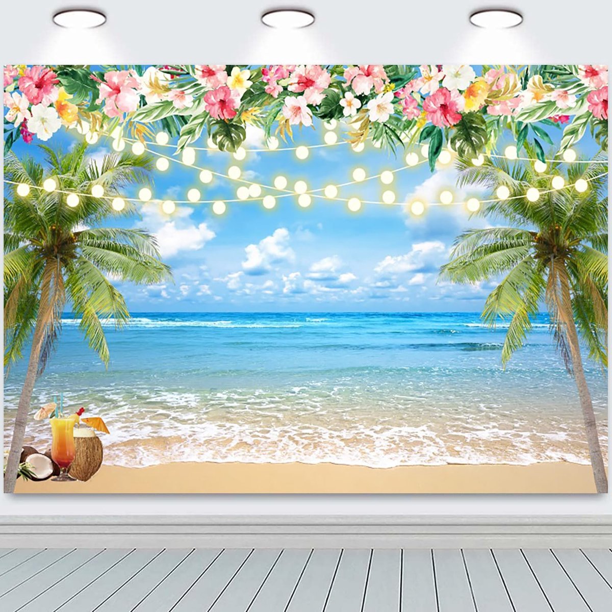 Strandachtergrond zomer tropische palmbomen bloemen zee blauwe lucht fotografie-achtergrond bruiloft babyborrel - ShopVlot