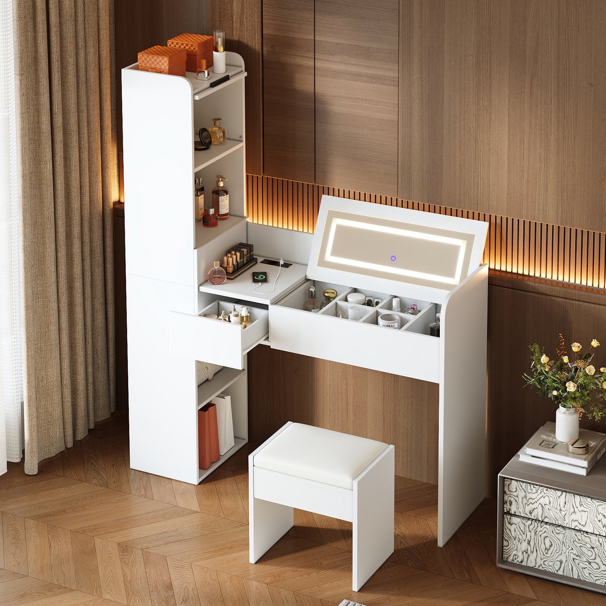 Kaptafel Met LED-Spiegel En USB-Laadfunctie - Met Hocker En Slimme Opbergruimte - Wit - 131x40x160 Cm