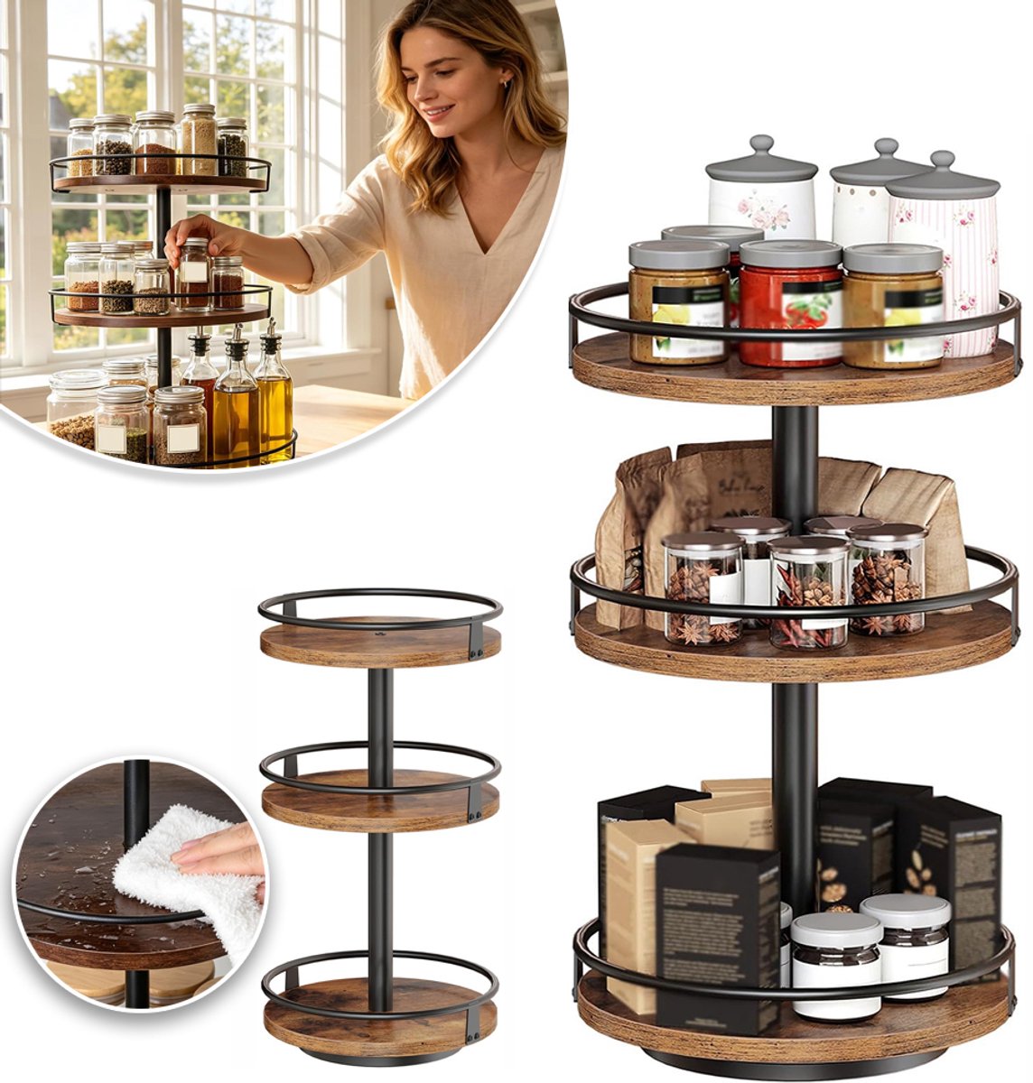 3-Laags Roterende Kruidenrekorganizer - 360° Draaibaar Metalen Randbescherming Verstelbare Afstand - Opbergruimte Voor Keuken, Badkamer En Slaapzaal - Vintage Bruin En Zwart