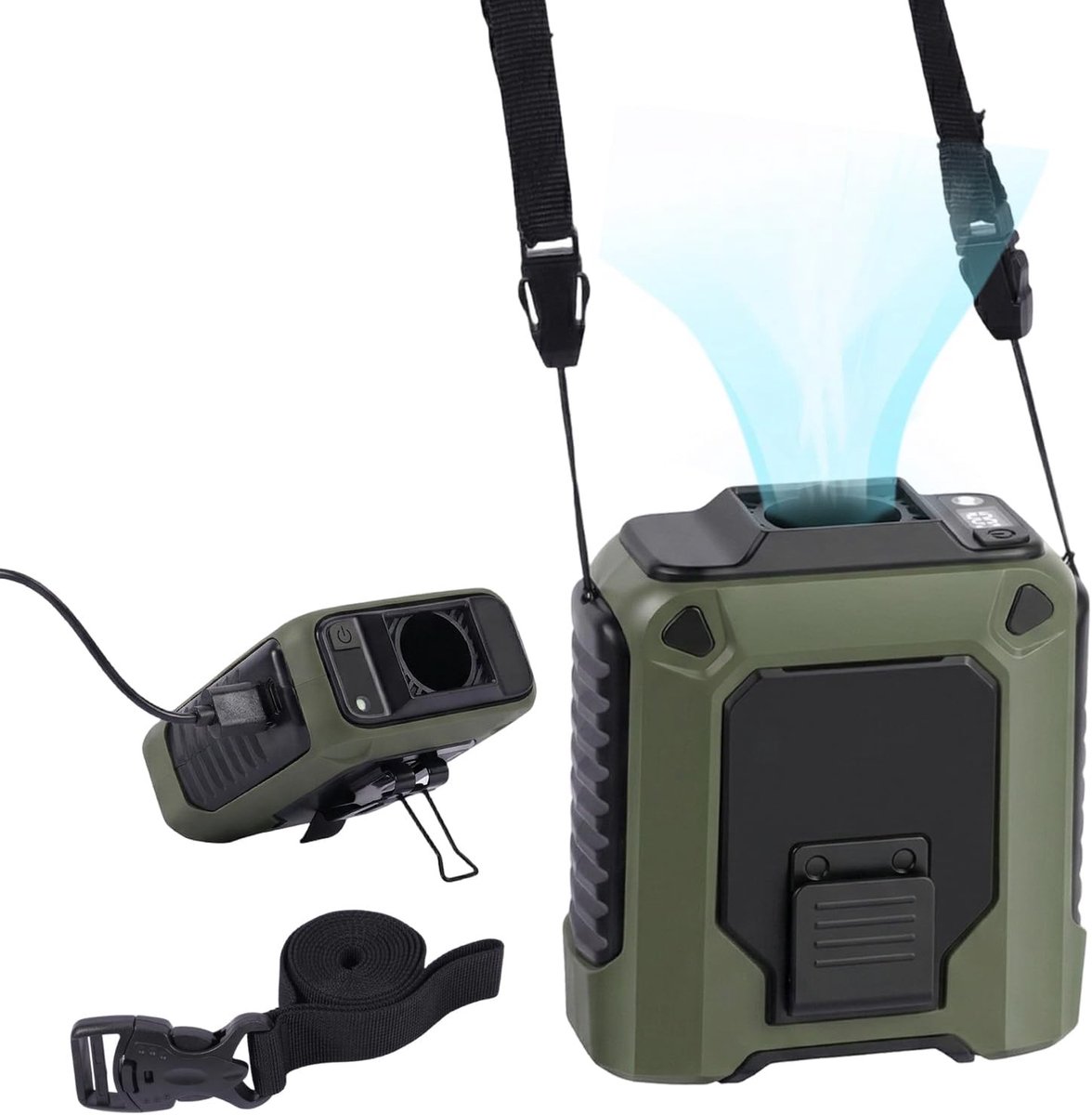 Draagbare Ventilator - Groen - 10.000 mAh - Met 5 Snelheden en LED-Licht - Voor Kamperen en Buitenactiviteiten