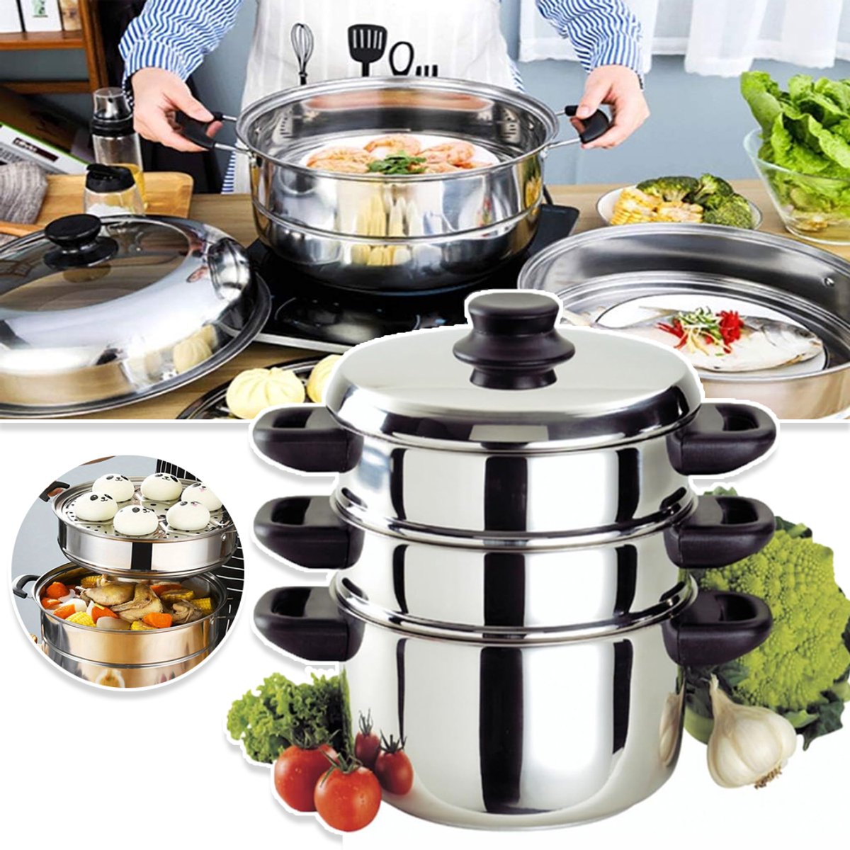 28 cm 3-Laags Roestvrijstalen Stoompan - Food-Grade Spiegelgepolijst Interieur Koepeldeksel Hittebestendige Handgrepen - Compatibel Met Gasfornuis En Inductiekookplaat - Voor Thuis- En Commerciële Keuken - Zilver