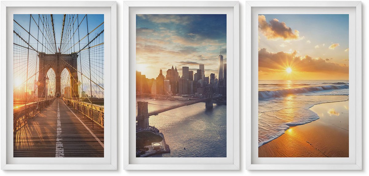 Wallfluent 3-Delige Schilderij Set - Bruggen En Zonsondergangen In Het Stedelijk Landschap - 40 x 60 - Stijlvolle Muurdecoratie - Kantoor - Decoratieve Schilderijen