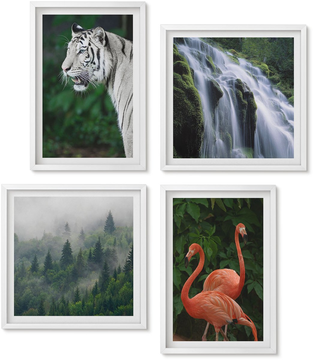 Wallfluent 4-Delige Schilderij Set - Tijgerwaterval En Roze Flamingo'S In De Natuur - 40 x 40 En 40 x 60 - Wanddecoratie - Schilderijen Set - Interieur - Muurdecoratie