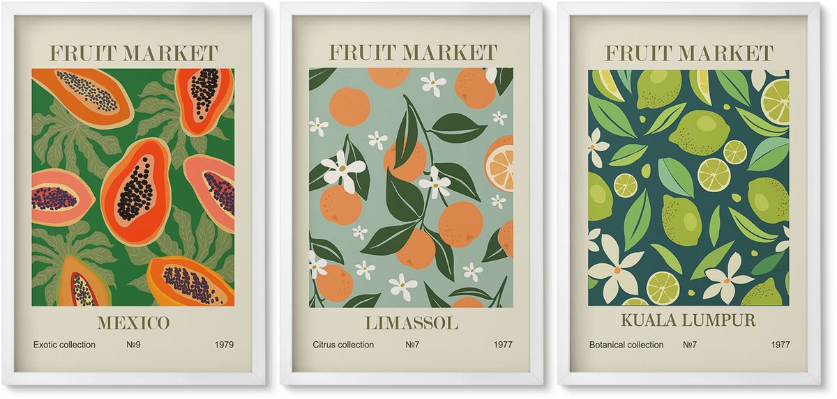 Wallfluent 3-Delige Schilderij Set - Vintage Posters Met Fruitpatronen - 40 x 60 - Decoratieve Schilderijen - Wanddecoratie - Hal - Stijlvolle Muurdecoratie