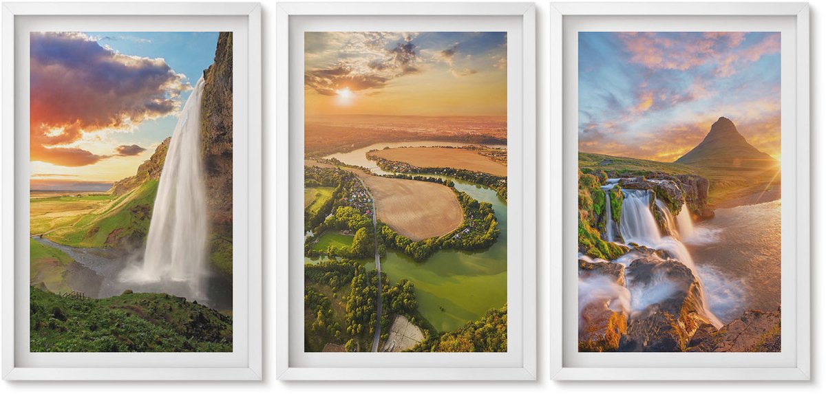 Wallfluent 3-Delige Schilderij Set - Watervallen, Berglandschappen En Rivieren Bij Zonsondergang - 40 x 60 - Wanddecoratie - Schilderijen Set - Kantoor - Woonkamer Decoratie