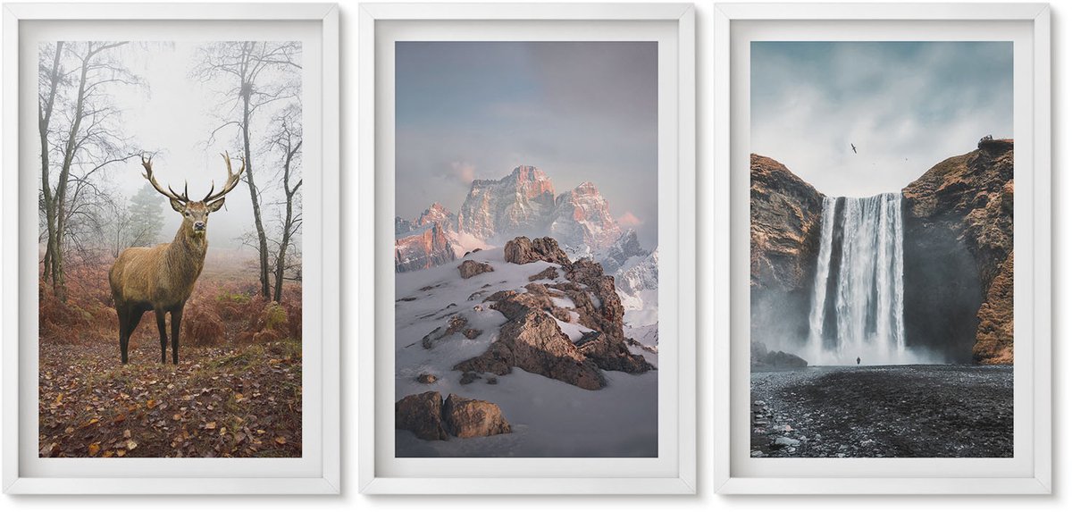 Wallfluent 3-Delige Schilderij Set - Natuurlijke, Ongerepte Landschappen, Bergen, Herten En Watervallen. - 40 x 60 - Moderne Wanddecoratie - Slaapkamer