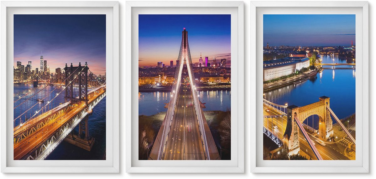 Wallfluent 3-Delige Schilderij Set - Stadsgezichten 'S Nachts Met Bruggen En Rivieren - 40 x 60 - Wanddecoratie - Woonkamer Decoratie