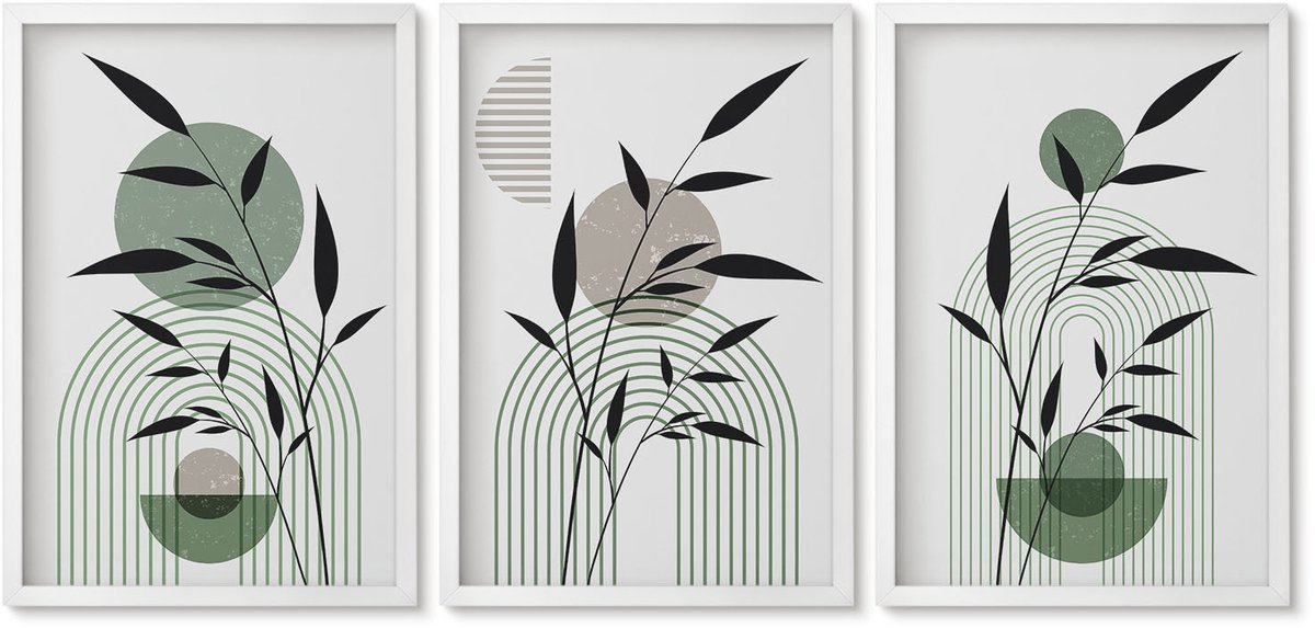 Wallfluent 3-Delige Schilderij Set - Abstracte Plantencomposities In Boho-Stijl - 40 x 60 - Stijlvolle Wanddecoratie - Interieur - Decoratieve Schilderijen