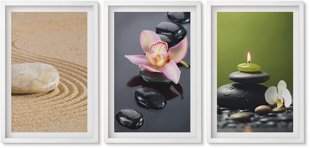 Wallfluent 3-Delige Schilderij Set - Rustgevende Steenthema'S: Vrede En Zen - 40 x 60 - Stijlvolle Muurdecoratie - Slaapkamer - Interieur Decoratie