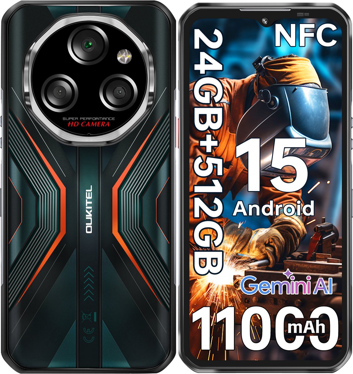OUKITEL WP55S Smartphone 5G-24 RAM-512 ROM-11000 mAh batterij-6.6 inch HD scherm-64MP camera-NFC-Android15