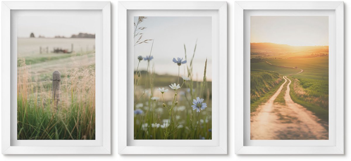 Wallfluent 3-Delige Schilderij Set - Natuurlandschappen Met Velden En Paden In De Zon. - 20 x 30 - Wanddecoratie - Muurdecoratie - Woonkamer - Stijlvolle Muurdecoratie