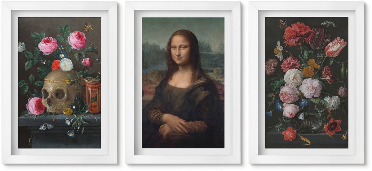 Wallfluent 3-Delige Schilderij Set - Vintage Bloemen, Schedel En Mona Lisa-Portret Van Leonardo Da Vinci - 20 x 30 - Decoratieve Muurdecoratie - Slaapkamer - Stijlvolle Muurdecoratie