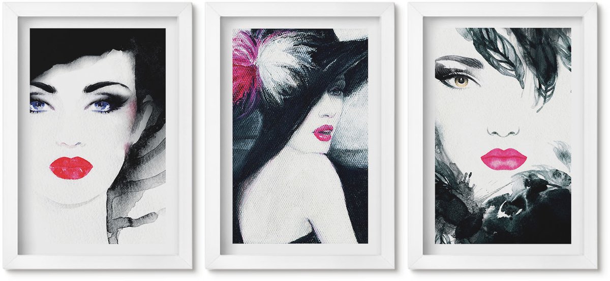 Wallfluent 3-Delige Schilderij Set - Geschilderde Portretten Van Vrouwen Met Expressieve Lippen - 20 x 30 - Wanddecoratie - Muurdecoratie - Moderne Interieurdecoratie