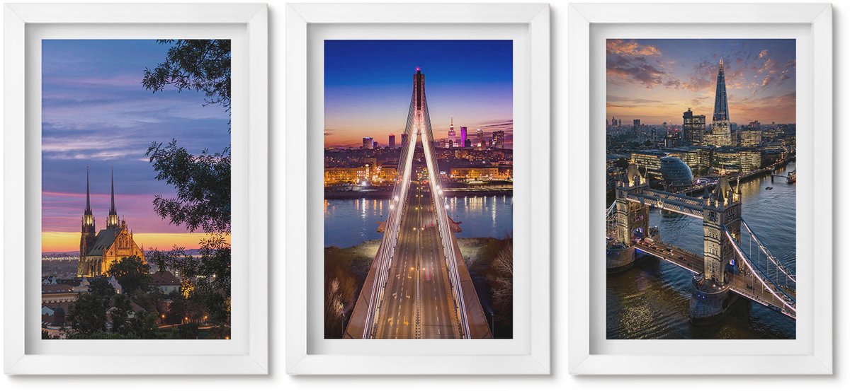 Wallfluent 3-Delige Schilderij Set - Stadsgezichten Met Bruggen En Zonsondergangen - 20 x 30 - Muurdecoratie - Wanddecoratie - Slaapkamer - Woonkamer Decoratie