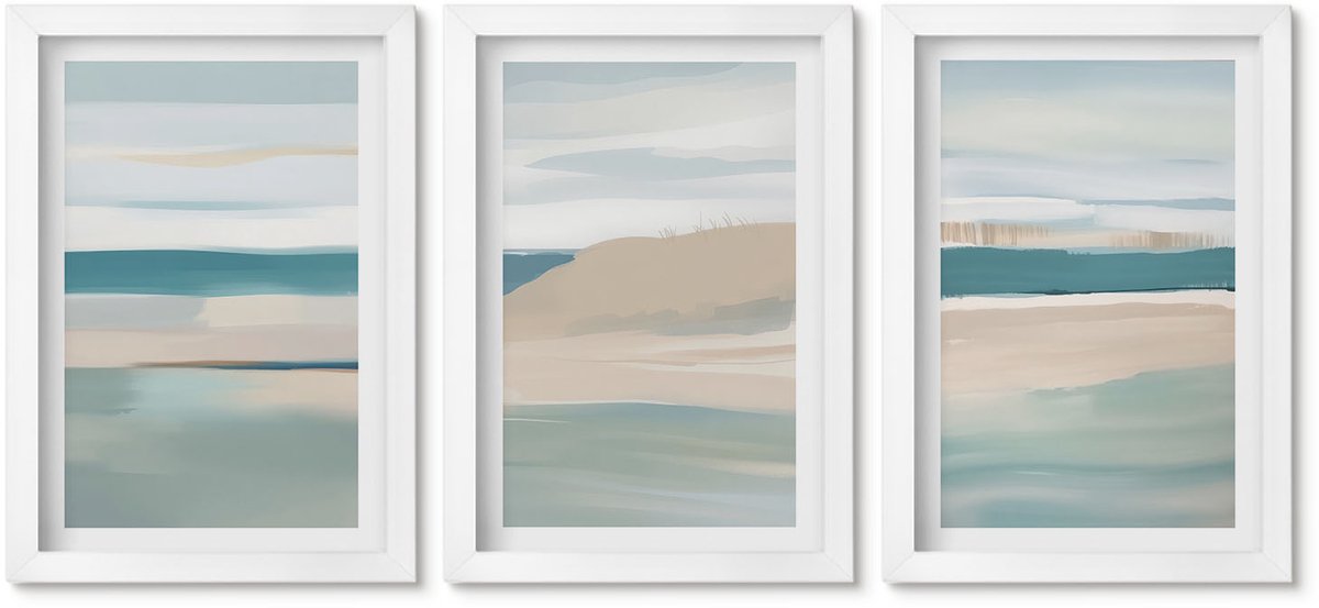 Wallfluent 3-Delige Schilderij Set - Abstracte Landschappen In Tinten Blauw En Beige. - 20 x 30 - Muurdecoratie - Schilderijen Set - Woonkamer - Decoratieve Schilderijen