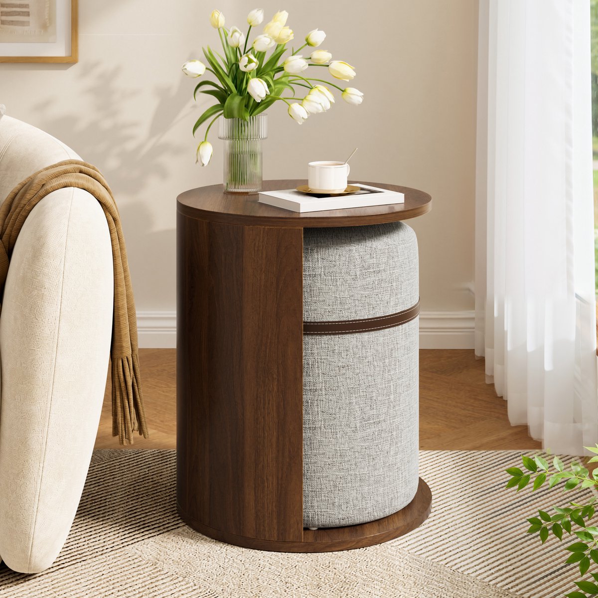 Beistelltisch Set Met Hocker - Rond Modern Design Met Opbergruimte - Voor Woonkamer En Slaapkamer - MDF - Walnoot - 38x38x47,5 Cm